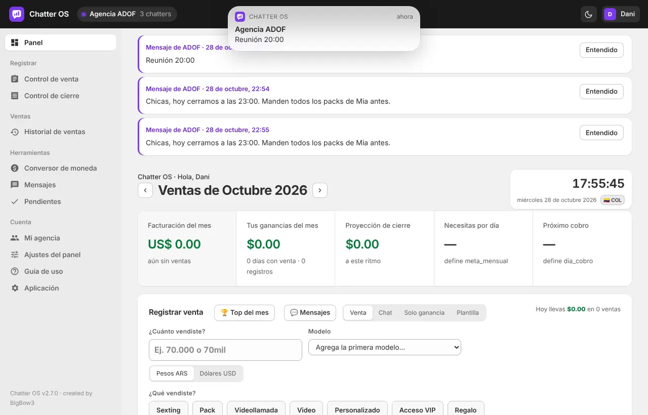 Avisos de la agencia arriba del panel de ChatterOF.