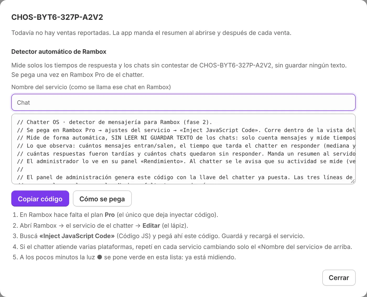 Generador del detector de Rambox con el código para copiar y los pasos para pegarlo.