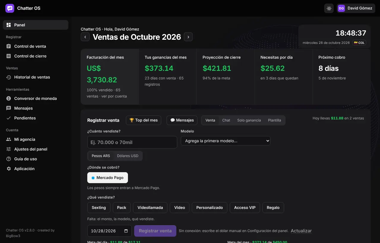 Panel con el formulario para registrar una venta.